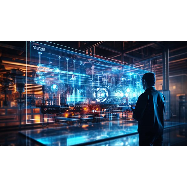 En person kigger på en holografisk skærm med futuristisk grafik i et industrielt miljø.